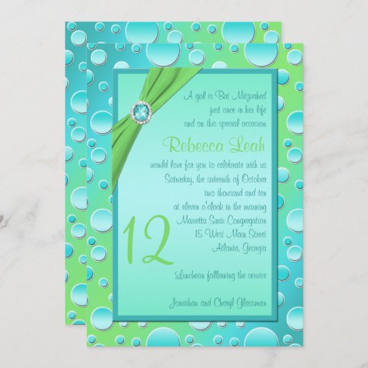 Limone und Aqua-Polka-Punkt-Schläger Mitzvah Einladung (Vorne/Hinten)