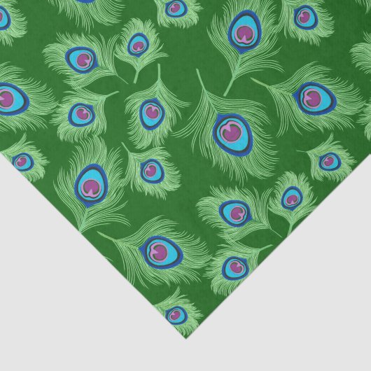 Limone und blaue Pfauenfedern auf Smaragdgrün Seidenpapier (Ausschnitt)