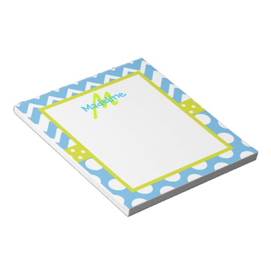 Limone und blaue Zickzack Polka Dots Monogram Note Notizblock (angewinkelt)