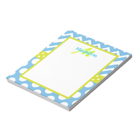 Limone und blaue Zickzack Polka Dots Monogram Note Notizblock (Rotiert)