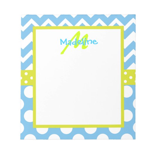 Limone und blaue Zickzack Polka Dots Monogram Note Notizblock (Vorderseite)