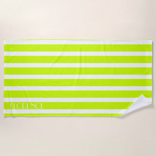 Limone und weiße Cabana-Streifen personalisiert Strandtuch (Vorderseite)