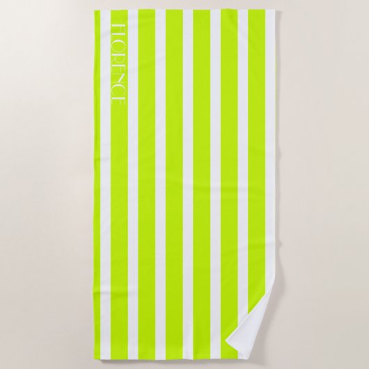 Limone und weiße Cabana-Streifen personalisiert Strandtuch (Vorderseite)
