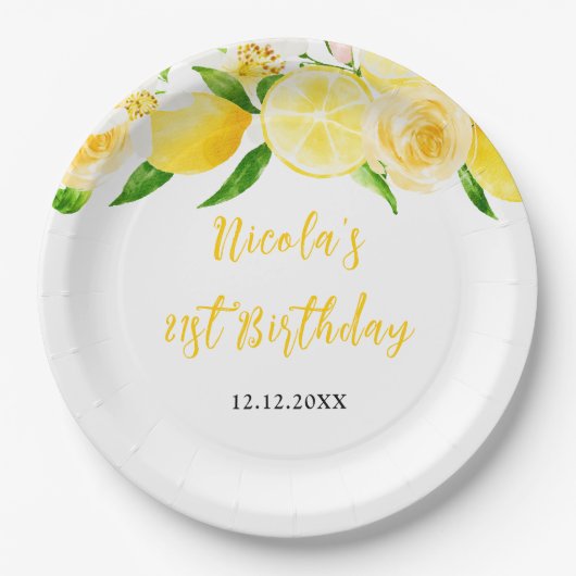 Limonen und Blätter Geburtstag Pappteller (Vorderseite)