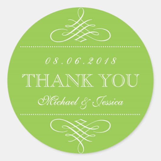 Limonengrüne Wirbel Curl-Ornament-Hochzeitskleber Runder Aufkleber (Vorderseite)