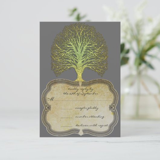 Limoner Goldwirbel-Damaskus-Tree-Hochzeit RSVP (Stehend Vorderseite)