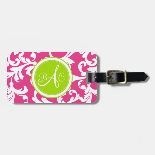 Limoner grüner und rosa mit Monogramm Damast-Druck Gepäckanhänger (Vorderseite horizontal)