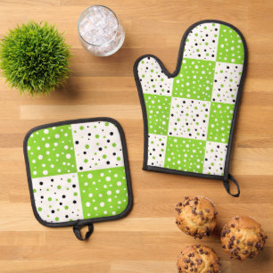 Limoner Schwarz-Weiß-Polka-Dotblock Ofenhandschuh & Topflappen-Set