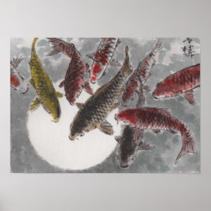 Lin Lis Art Chinese Watercolor 9 KOI Fish Moon Poster