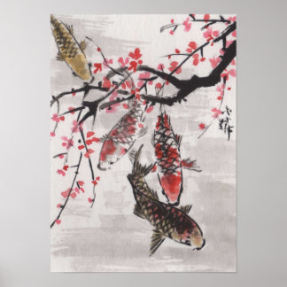 Lin Lis Art Chinese Watercolor KOI Pflaumenblüten Poster