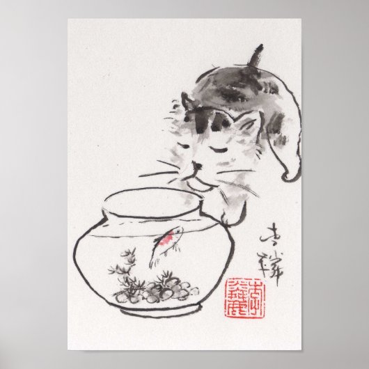 Lin Lis Art Print: Katze und Godfish Poster (Vorne)