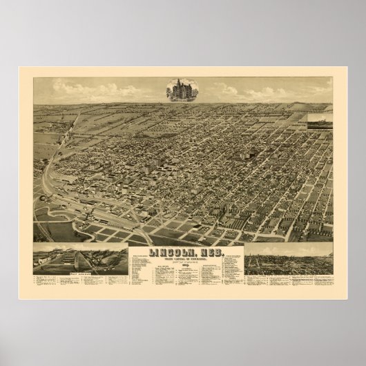 Lincoln, NE Panoramic Map - 1889 Poster (Vorne)