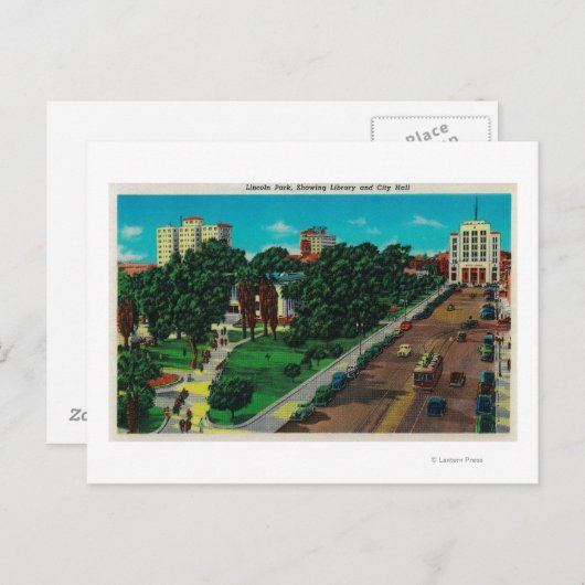 Lincoln Park zeigt Bibliothek und Rathaus Postkarte (Vorne/Hinten)