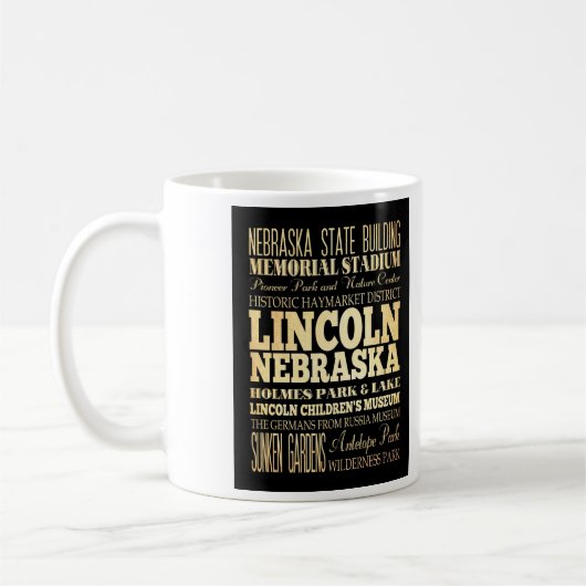 Lincoln-Stadt der Nebraska-Typografie-Kunst Kaffeetasse (Links)