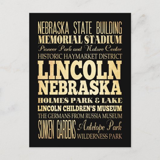 Lincoln Stadt Nebraska Typografie Kunst Postkarte (Vorderseite)