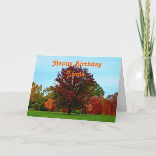 Linda Happy Birthday Red Oak Tree im Herbst Karte (Vorderseite)