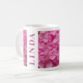"Linda" in eleganter Rosa Hydrangea Blumenschrift Kaffeetasse (Vorderseite Links)