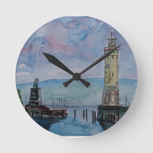 Lindau mit Löwen und Leuchtturm am Bodensee Runde Wanduhr (Vorderseite)