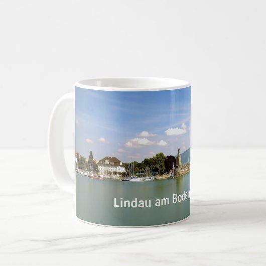 Lindau morgens Bodensee - Andenken-Tasse Kaffeetasse (Vorderseite Links)