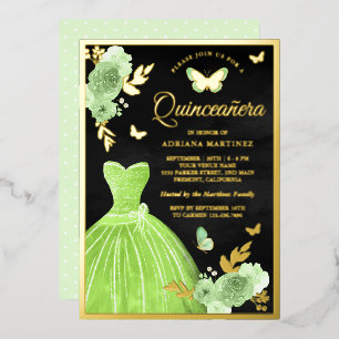 Lindgrüne Blumen-Schmetterling-Schwarz-Quinceanera Folieneinladung