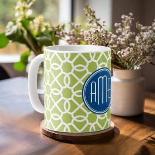Lindgrünes und blaues geometrisches Muster Monogra Kaffeetasse