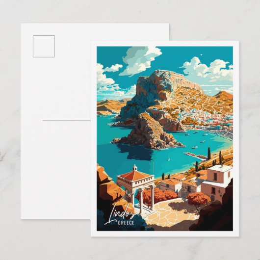Lindos Greece Art Vintage Travel Illustration Postkarte (Vorne/Hinten)