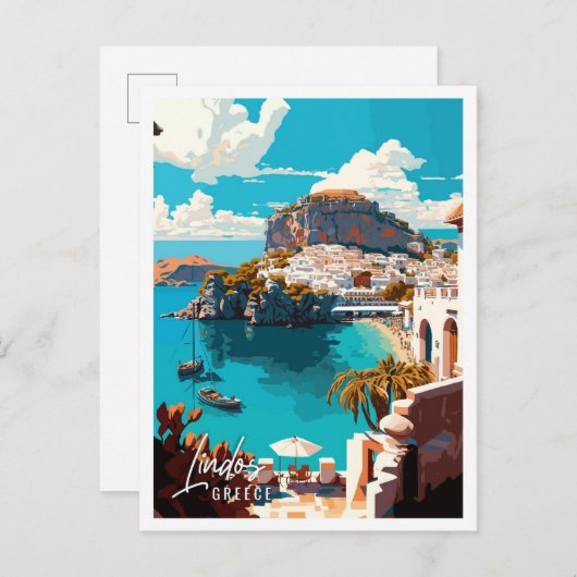 Lindos Greece Vintage Reise Illustration Postkarte (Vorne/Hinten)