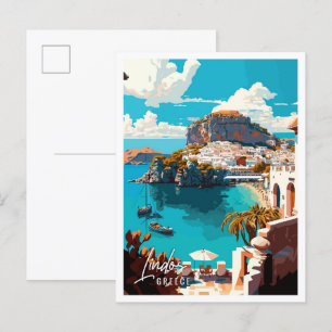 Lindos Griechenland Vintage-Reiseillustration Postkarte