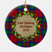 Lindsay Clan Abzeichen & Tartan Personalisiert Wei Keramik Ornament (Hinten)