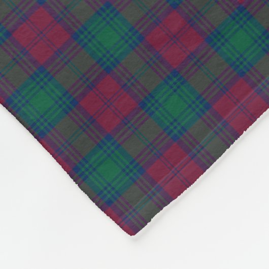 Lindsay Clan Maroon und Green Tartan Fleecedecke (Ecke)