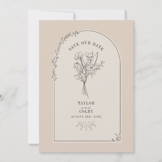 Line Art Arch Bouquet Desert Tan Save the Date (Vorderseite)