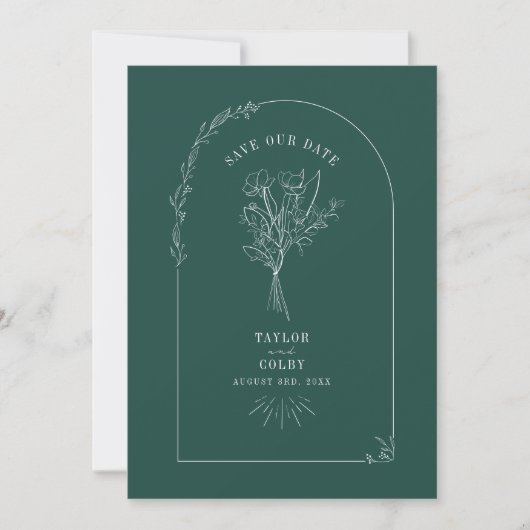 Line Art Arch Bouquet Emerald Wedding Save The Date (Vorderseite)