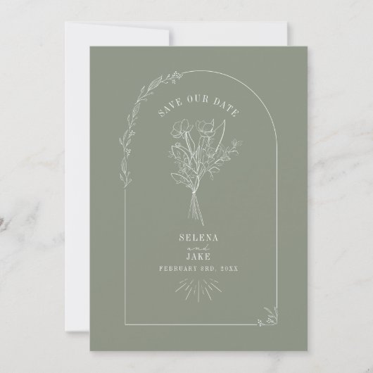 Line Art Arch Bouquet Sage Green Save the Date (Vorderseite)