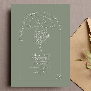 Line Art Arch Bouquet Sage Green Wedding Einladung
