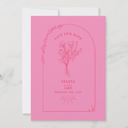 Line Art Arch Bouquet Save the Date rosa und rot (Vorderseite)