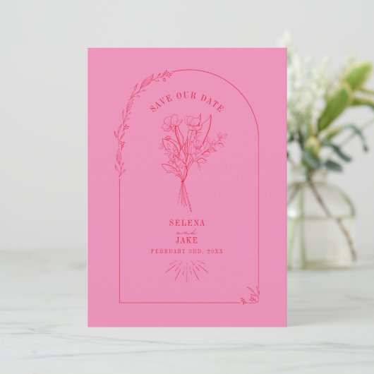 Line Art Arch Bouquet Save the Date rosa und rot (Stehend Vorderseite)