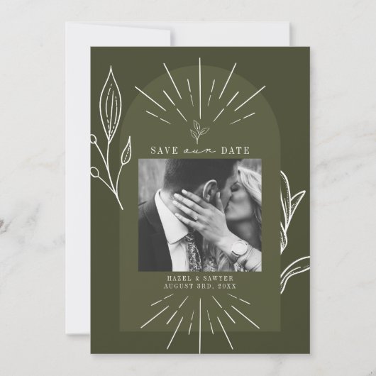 Line Art Arch Script Green Foto Hochzeit Save The Date (Vorderseite)