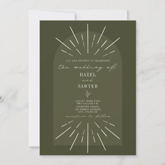 Line Art Arch Script Green Wedding Einladung (Vorderseite)
