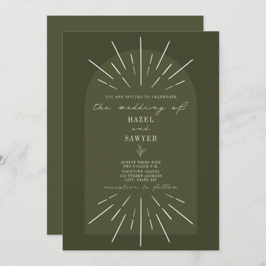 Line Art Arch Script Green Wedding Einladung (Vorne/Hinten)
