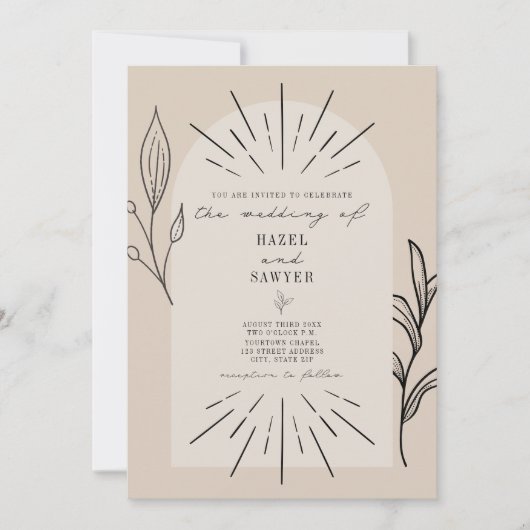Line Art Arch Script Tan Wüste Botanische Hochzeit Einladung (Vorderseite)