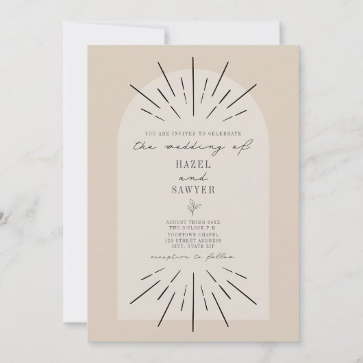 Line Art Arch Script Tan Wüste Minimalistische Hoc Einladung (Vorderseite)
