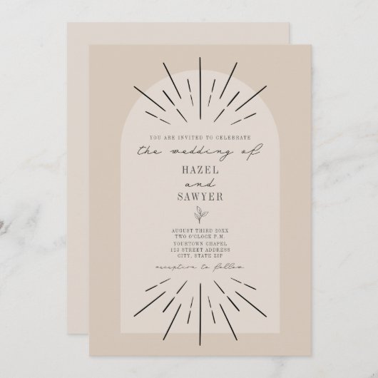 Line Art Arch Script Tan Wüste Minimalistische Hoc Einladung (Vorne/Hinten)