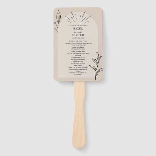 Line Art Arch Tan Botanisches Hochzeitsprogramm Fächer (Vorderseite)