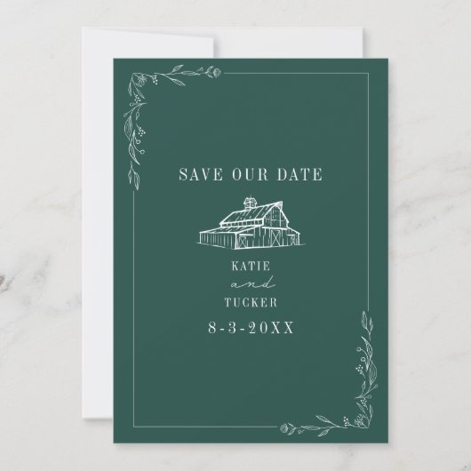 Line Art Barn Emerald Farm Wedding Save The Date (Vorderseite)