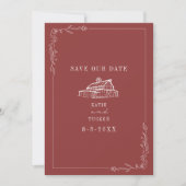 Line Art Barn Mute Red Farm Hochzeit Save The Date (Vorderseite)