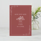 Line Art Barn Mute Red Farm Hochzeit Save The Date (Stehend Vorderseite)