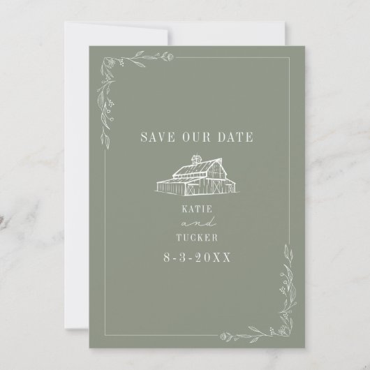 Line Art Barn Sage Grüne Farm Hochzeit Save The Date (Vorderseite)