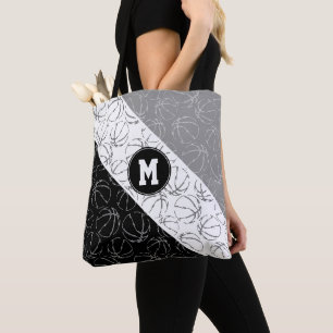 Line-Art-Basketbälle-Muster auf Schwarz, Weiß und Tasche