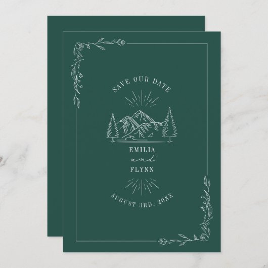 Line Art Berge Aquamarine Hochzeit retten das Datu Save The Date (Vorne/Hinten)