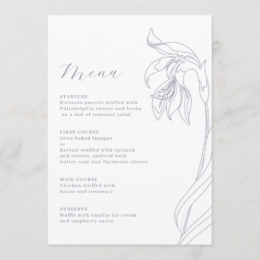 Line Art Blume Lavender Menükarte (Vorderseite)
